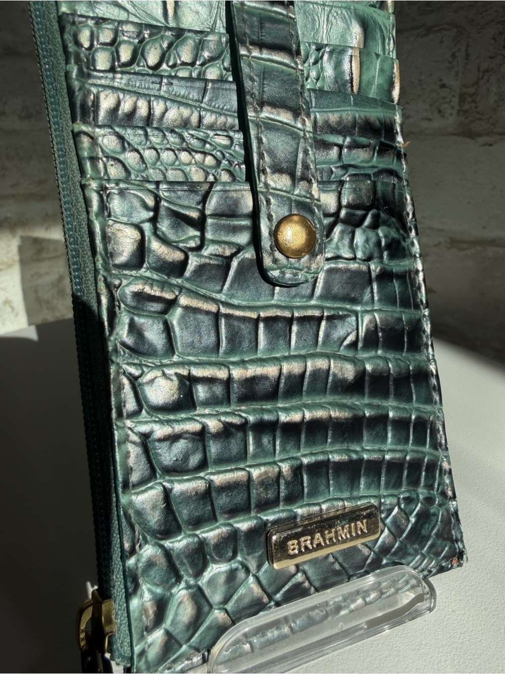 Brahmin Teal Croc-Embossed Leather Phone Wallet with Gold Hardware - Picture 2 of 8